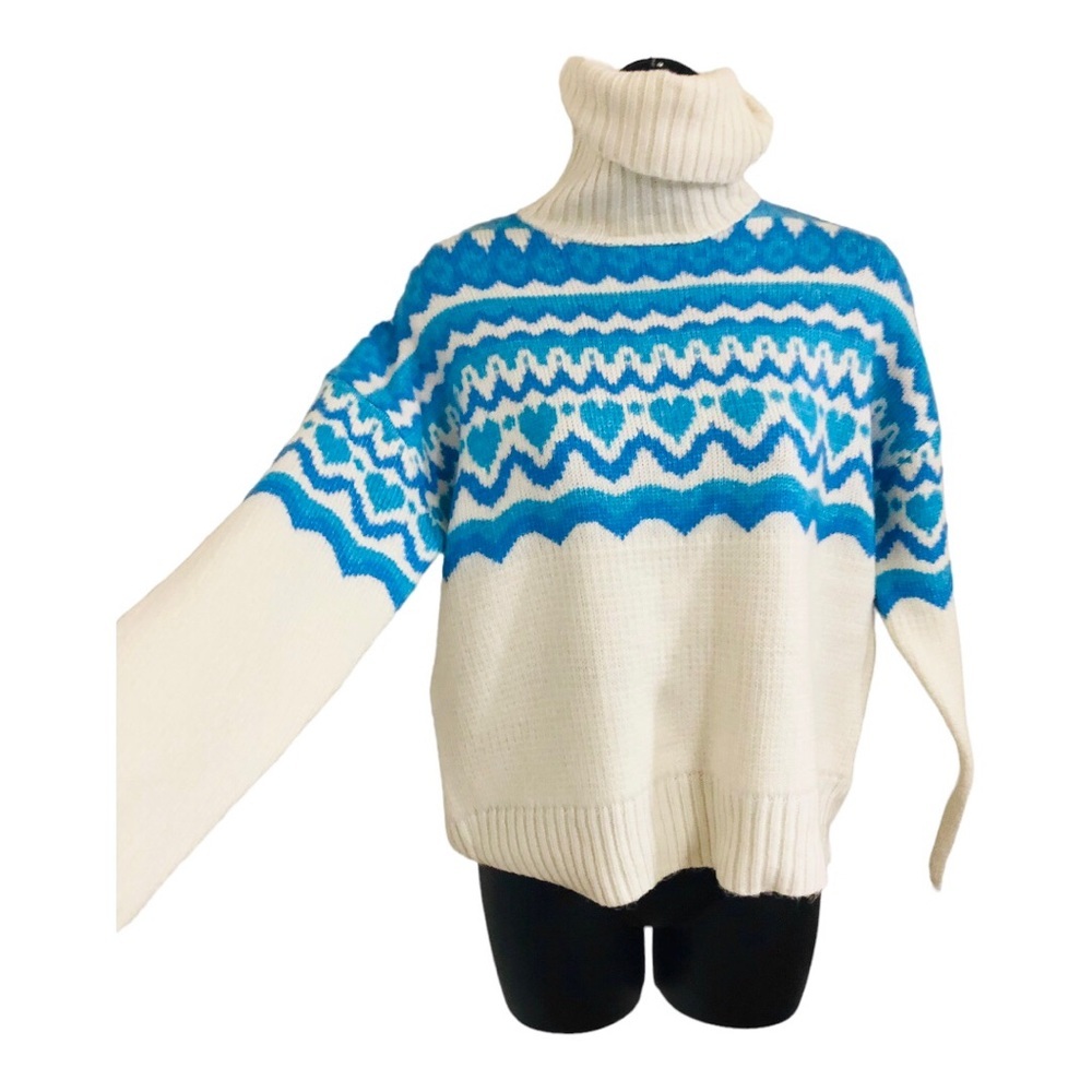 Jessica Simpson off white blue fair isle look turtleneck cozy sweater size small